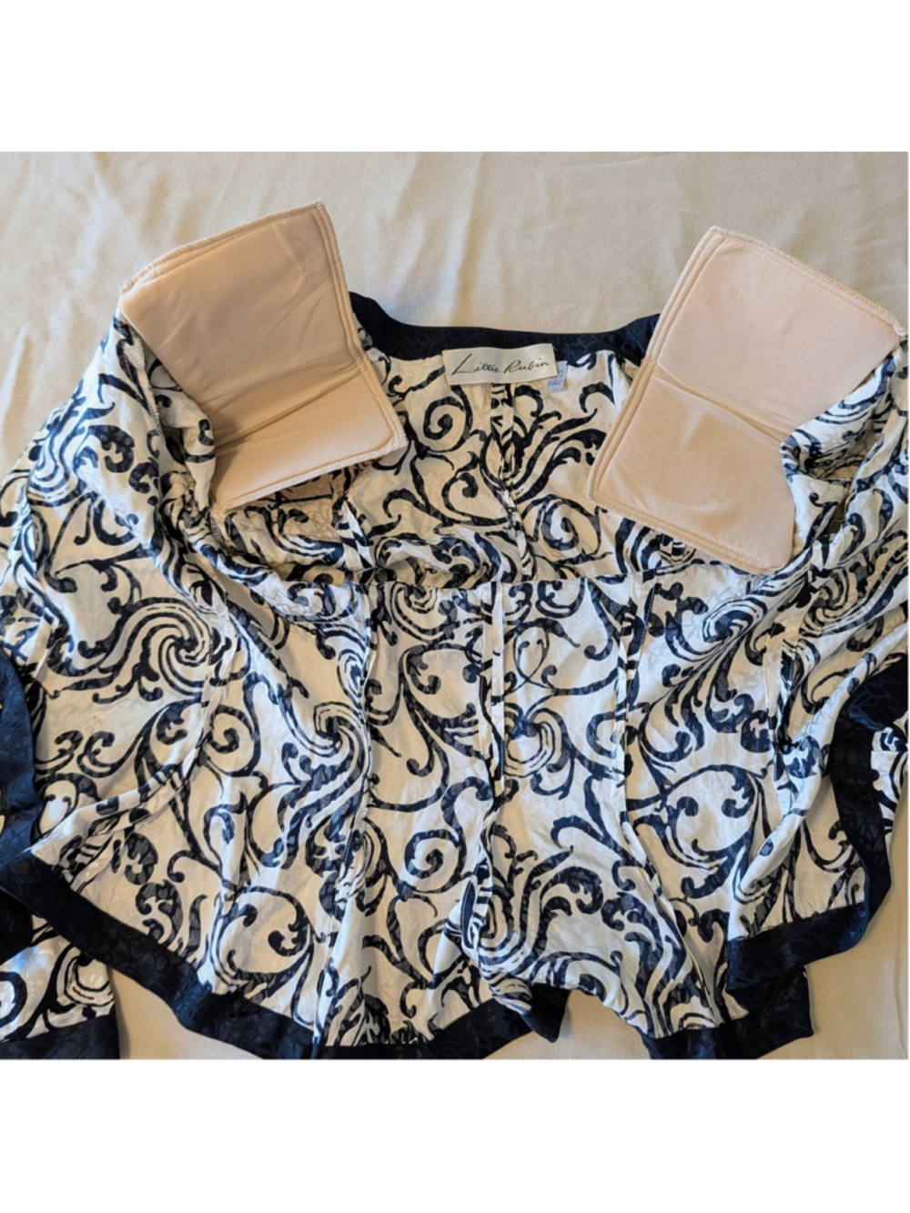 Vintage Silk Baroque Print Jacket Peplum Black Cream Lillie Rubin 90s Blazer - Picture 5 of 11